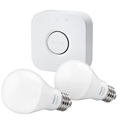 Stock photo of a Philips Hue starter bundle containing two bulbs and a hub